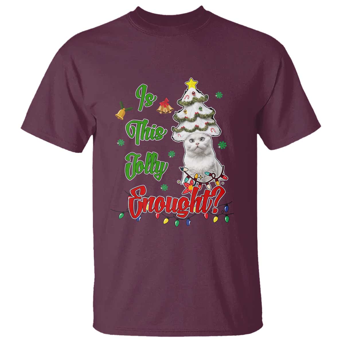 Maroon T-shirt with cute cat wearing ornaments and Christmas tree graphic, multicolor print