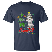 Navy T-shirt with cute cat wearing ornaments and Christmas tree graphic, multicolor print