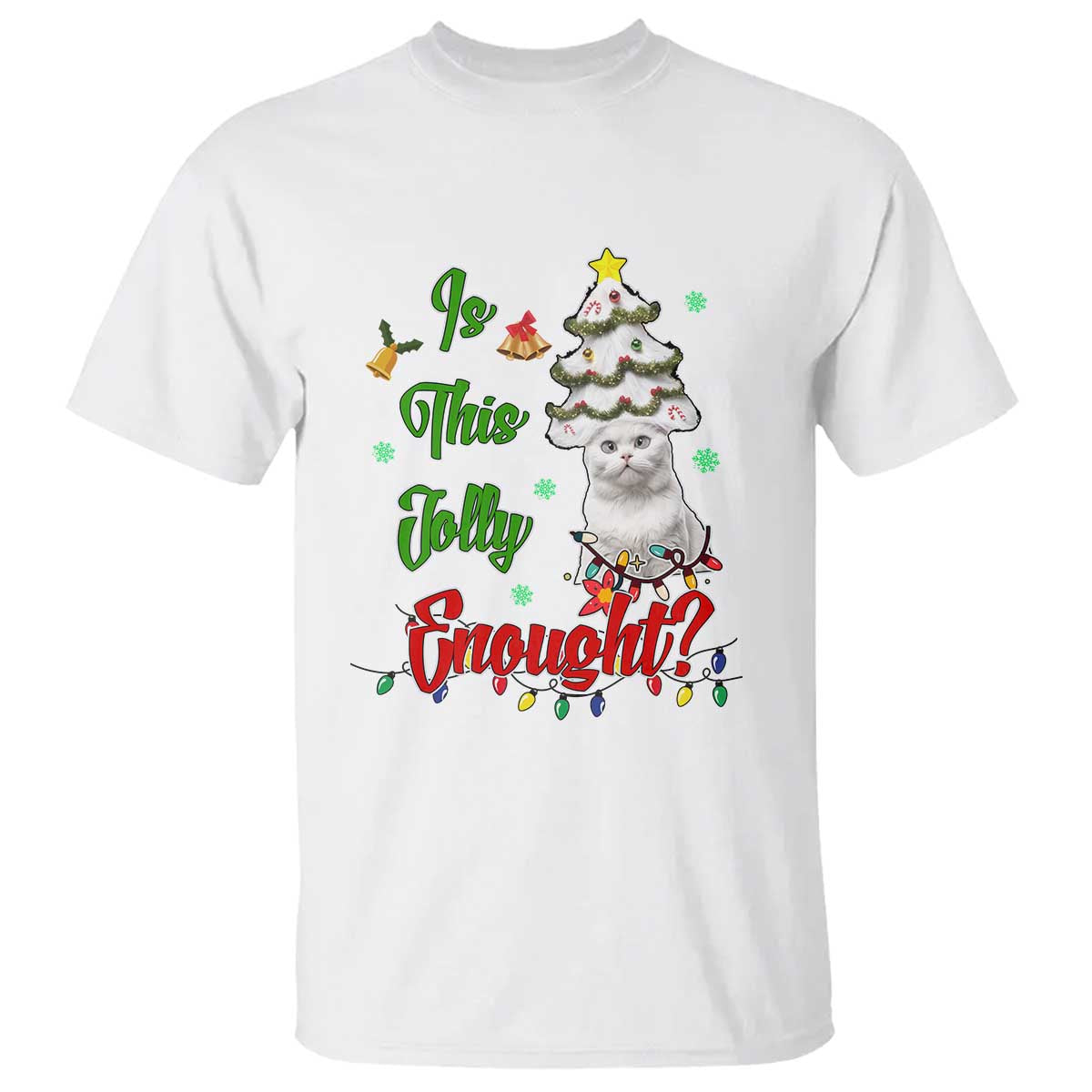 White T-shirt with cute cat wearing ornaments and Christmas tree graphic, multicolor print