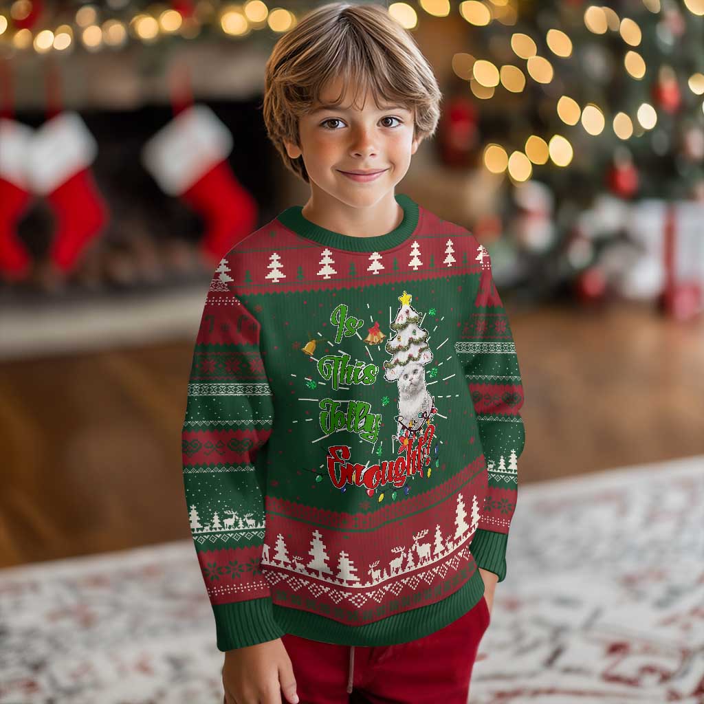 Christmas cat ugly sweater, green and red fair isle knit with cat and holiday lettering