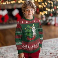 Christmas cat ugly sweater, green and red fair isle knit with cat and holiday lettering