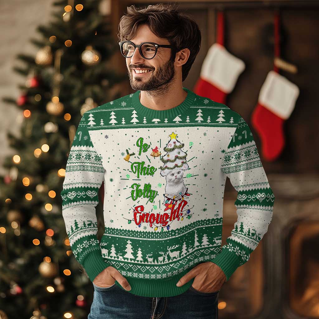 Christmas cat ugly sweater, green and cream fair isle knit with cat and trees
