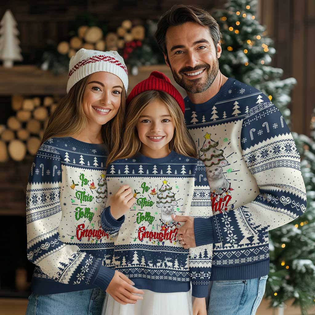 Christmas cat ugly sweater, navy and cream pattern with trees and cat graphic