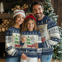 Christmas cat ugly sweater, navy and cream pattern with trees and cat graphic