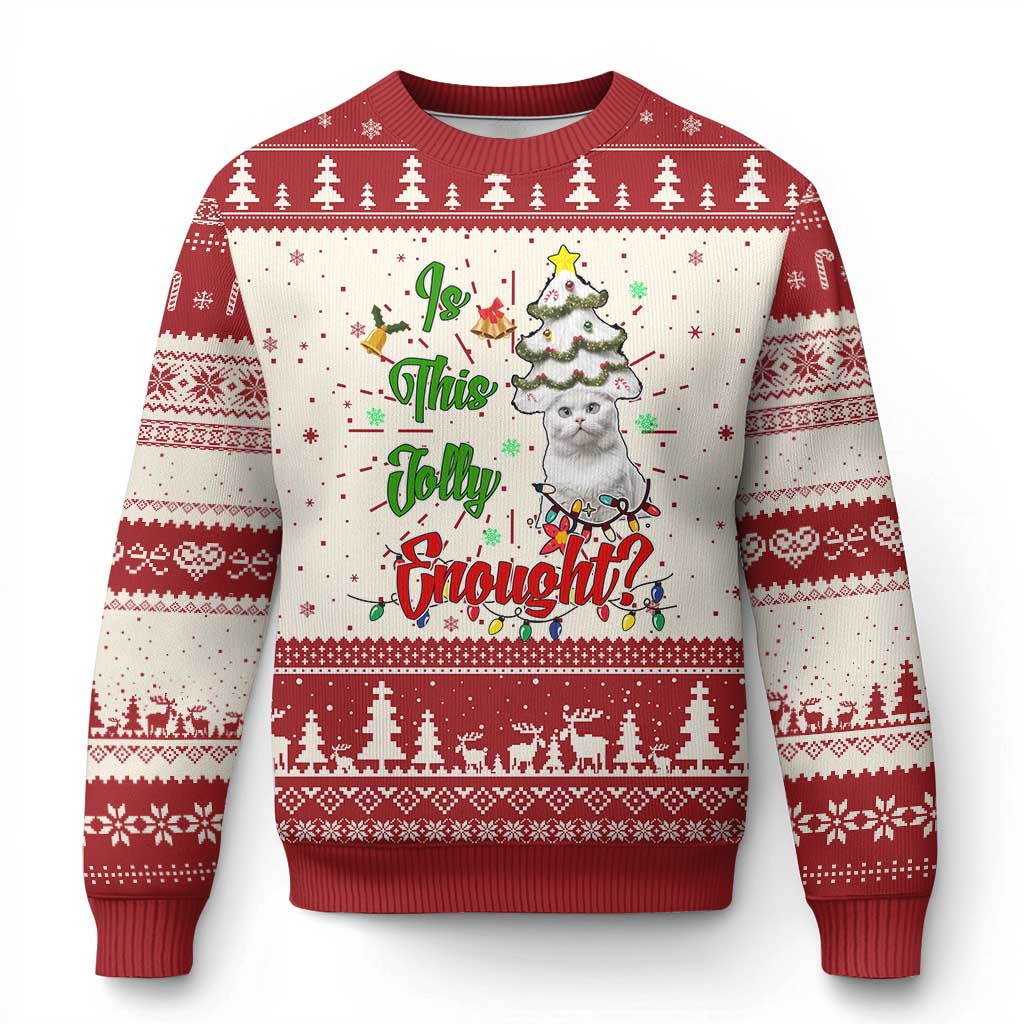Christmas cat ugly sweater, red and cream fair isle with cat and holiday text