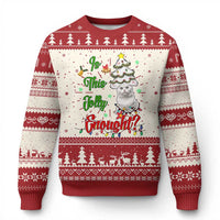 Christmas cat ugly sweater, red and cream fair isle with cat and holiday text