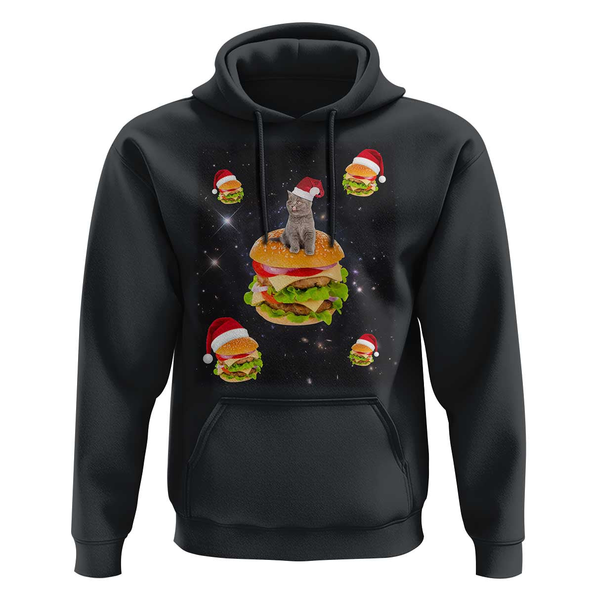 Black pullover hoodie with cat holding burger graphic and Santa hat on front