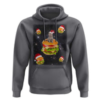 Charcoal gray pullover hoodie with cat burger graphic and Santa hat accents on front