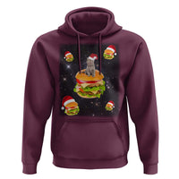 Maroon pullover hoodie with cat burger graphic and Santa hat accents on front