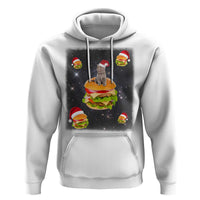 White pullover hoodie with cat burger graphic and Santa hat accents on front