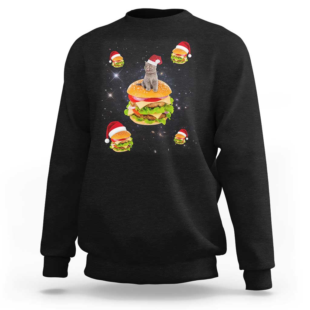 Black sweatshirt with Santa cat and hamburger graphic on front, long sleeves