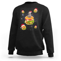 Black sweatshirt with Santa cat and hamburger graphic on front, long sleeves