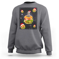 Charcoal gray sweatshirt with Santa cat and hamburger graphic on front, long sleeves
