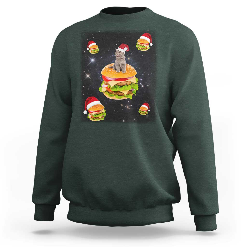 Dark forest green sweatshirt with Santa cat and hamburger graphic on front, long sleeves