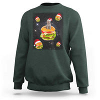 Dark forest green sweatshirt with Santa cat and hamburger graphic on front, long sleeves