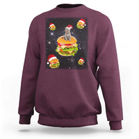 Maroon sweatshirt with Santa cat and hamburger graphic on front, long sleeves