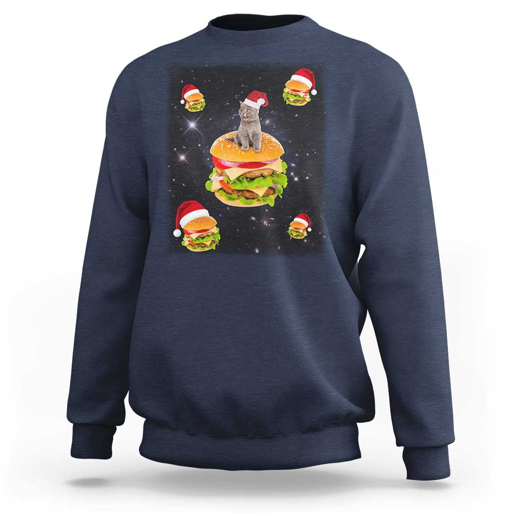 Navy sweatshirt with Santa cat and hamburger graphic on front, long sleeves