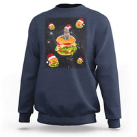 Navy sweatshirt with Santa cat and hamburger graphic on front, long sleeves