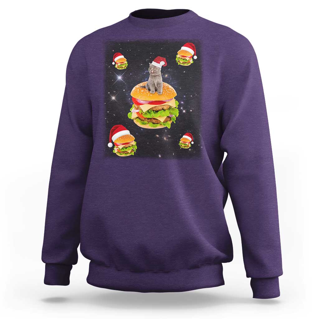 Purple sweatshirt with Santa cat and hamburger graphic on front, long sleeves