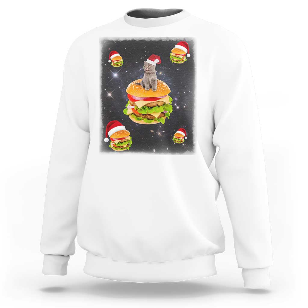 White sweatshirt with Santa cat and hamburger graphic on front, long sleeves