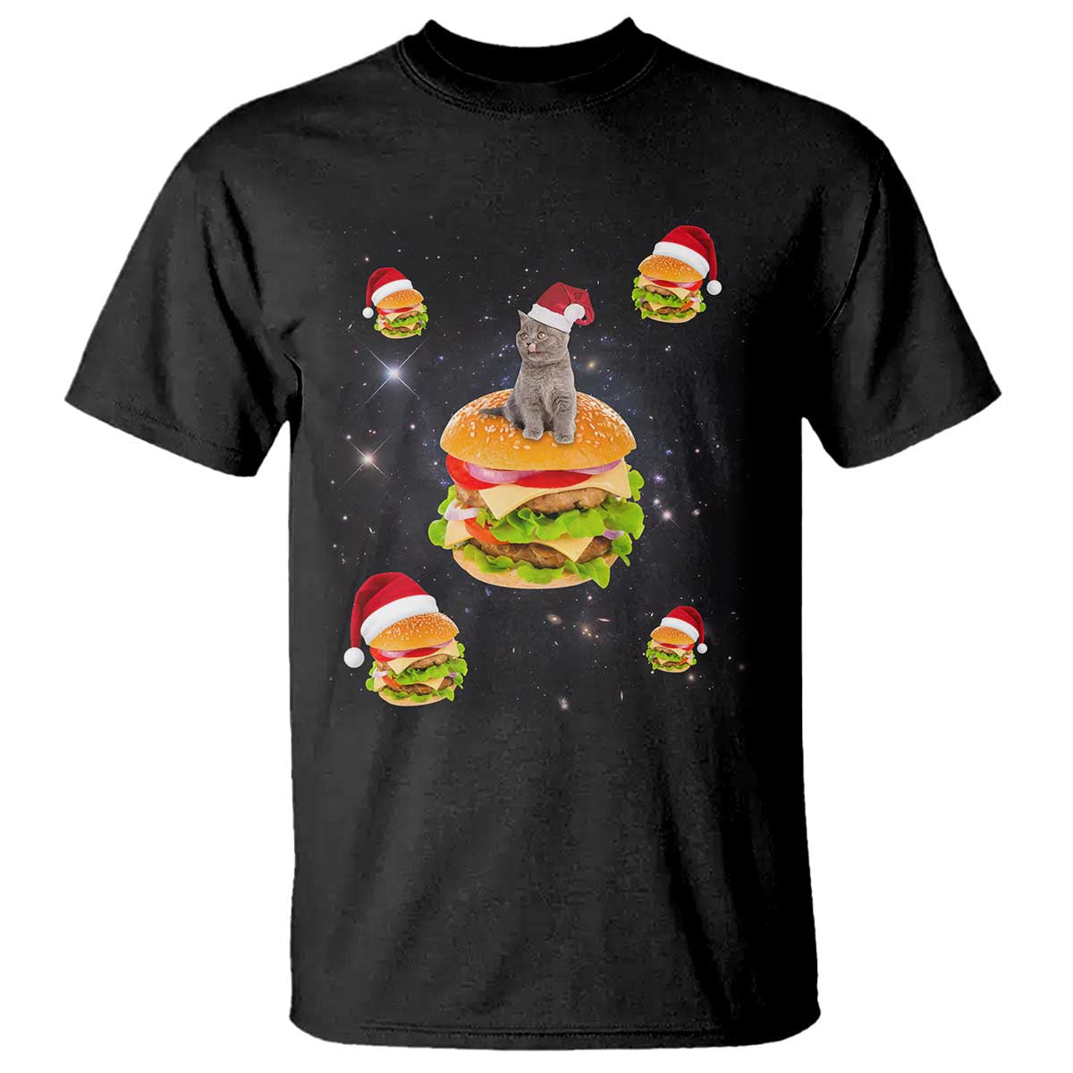 Black Christmas cat hamburger t-shirt with Santa hat graphic