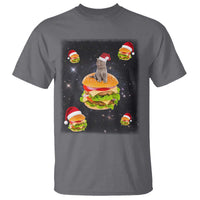 Charcoal Christmas cat hamburger t-shirt with Santa hat graphic