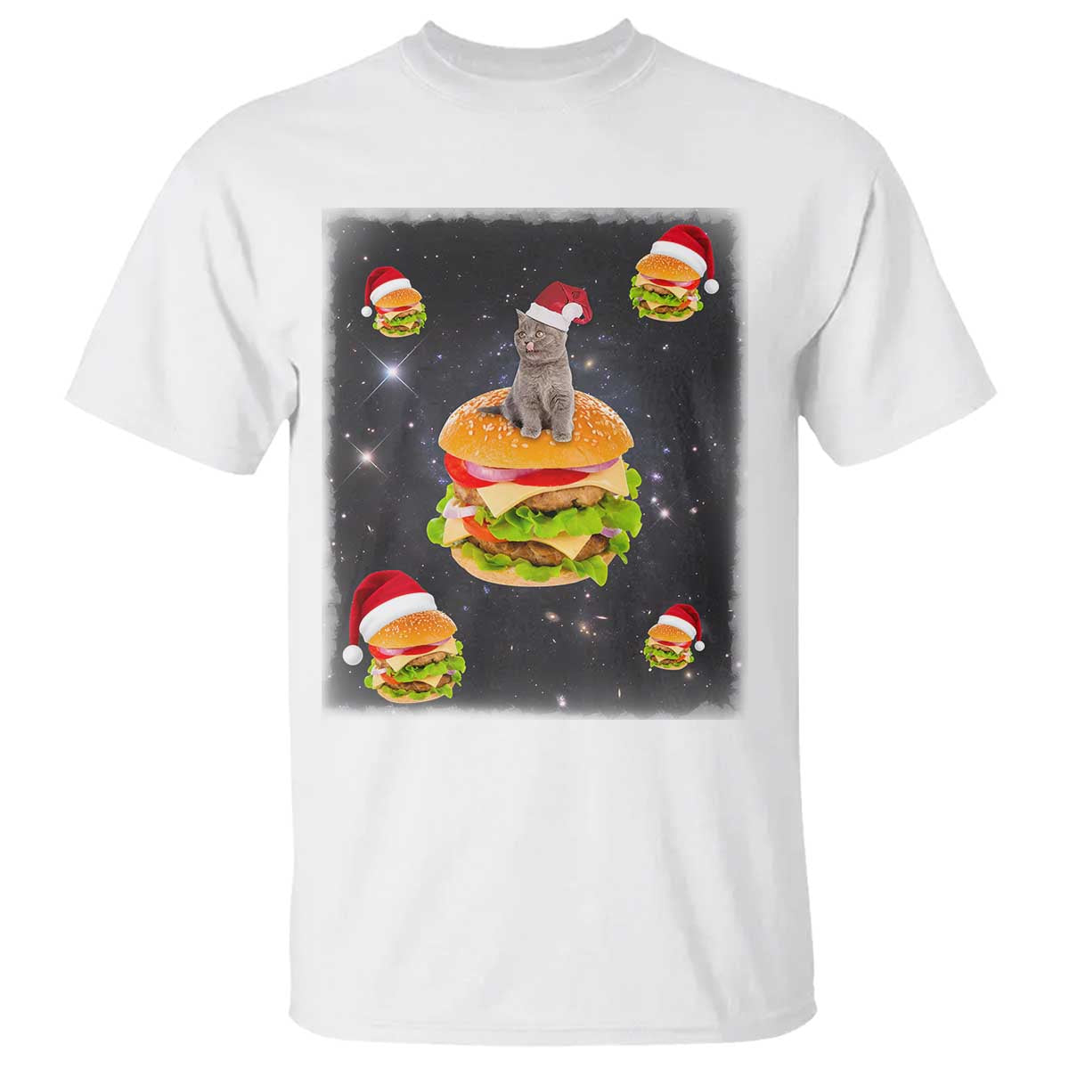 White Christmas cat hamburger t-shirt with Santa hat graphic