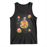 Black sleeveless tank top with Santa-hat cat and hamburger graphics
