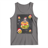Dark gray cat tank top with Santa hat, hamburger graphic and space scene