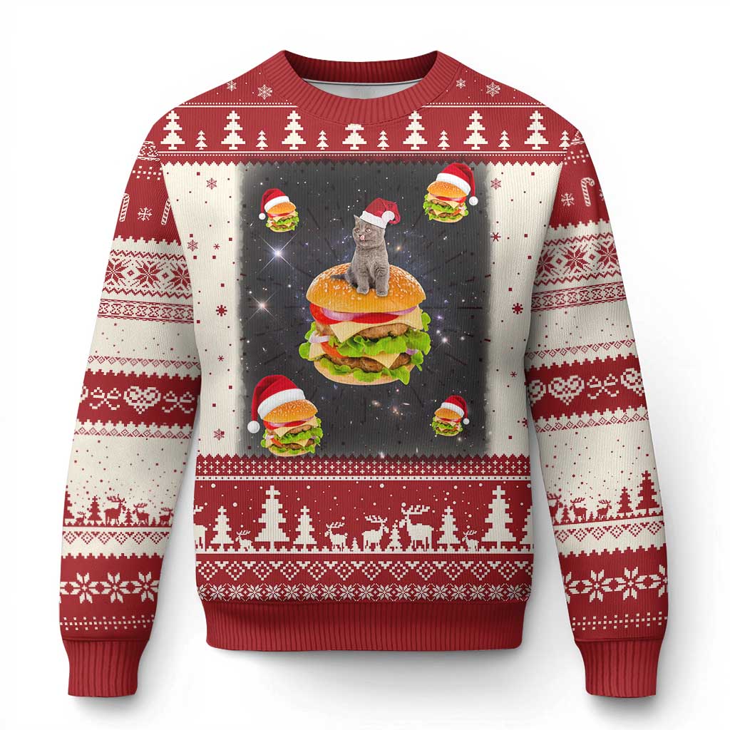 Red Christmas sweater with cat and burger graphic, snowflake and tree pattern, crew neck