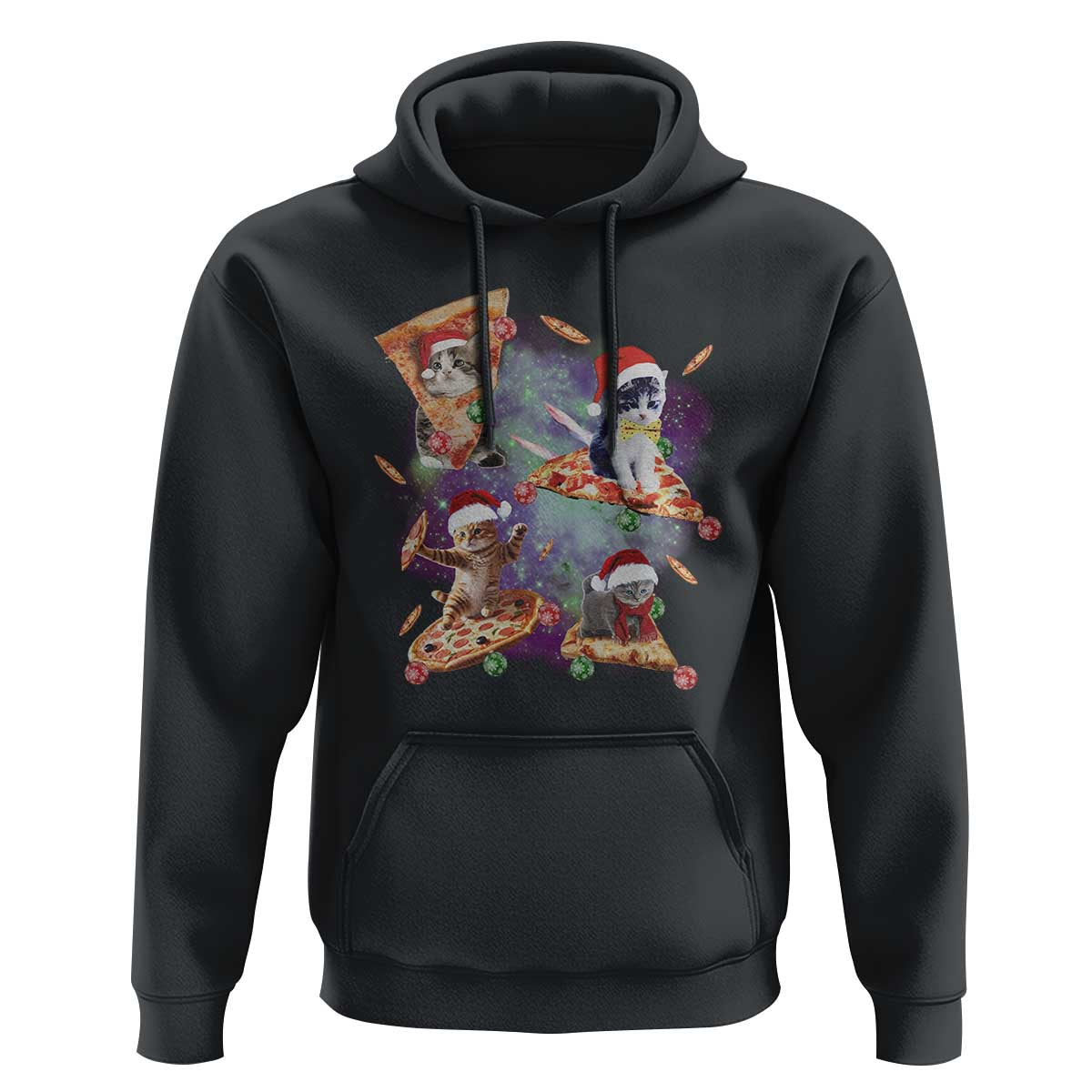 Black pullover hoodie with colorful holiday cat graphic on the chest