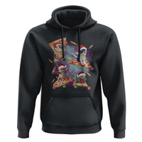 Black pullover hoodie with colorful holiday cat graphic on the chest