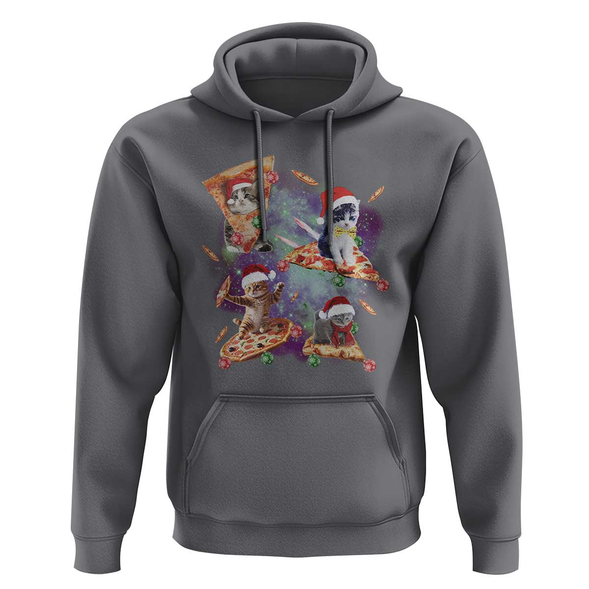 Charcoal gray pullover hoodie with colorful holiday cat graphic on the chest