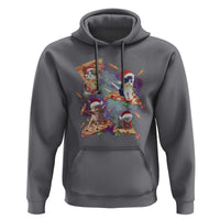 Charcoal gray pullover hoodie with colorful holiday cat graphic on the chest