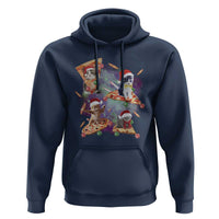 Navy pullover hoodie with colorful holiday cat graphic on the chest