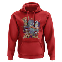 Red pullover hoodie with colorful holiday cat graphic on the chest