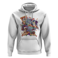 White pullover hoodie with colorful holiday cat graphic on the chest