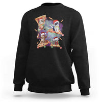Black Christmas cat sweatshirt with colorful Santa cat pizza graphic, crewneck long sleeve