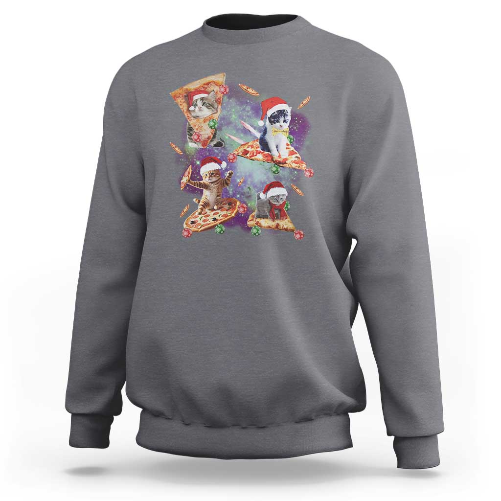 Charcoal Christmas cat sweatshirt with colorful Santa cat pizza graphic, crewneck long sleeve