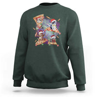 Dark forest green Christmas cat sweatshirt with colorful Santa cat pizza graphic, crewneck long sleeve