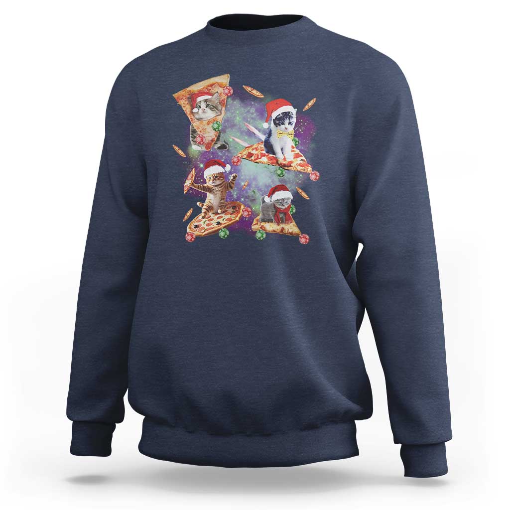 Navy Christmas cat sweatshirt with colorful Santa cat pizza graphic, crewneck long sleeve
