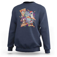 Navy Christmas cat sweatshirt with colorful Santa cat pizza graphic, crewneck long sleeve