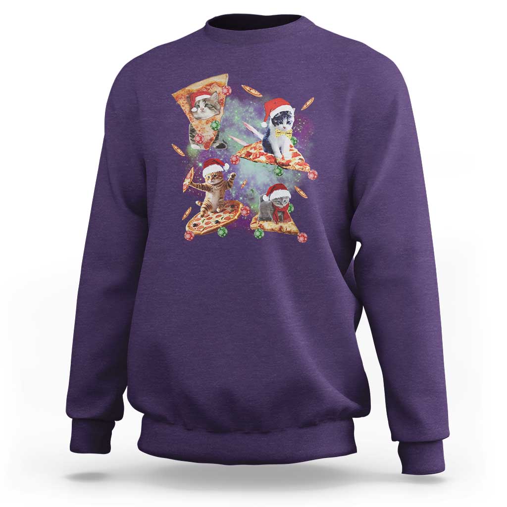 Purple Christmas cat sweatshirt with colorful Santa cat pizza graphic, crewneck long sleeve