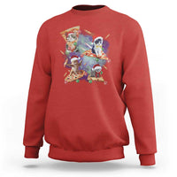 Red Christmas cat sweatshirt with colorful Santa cat pizza graphic, crewneck long sleeve