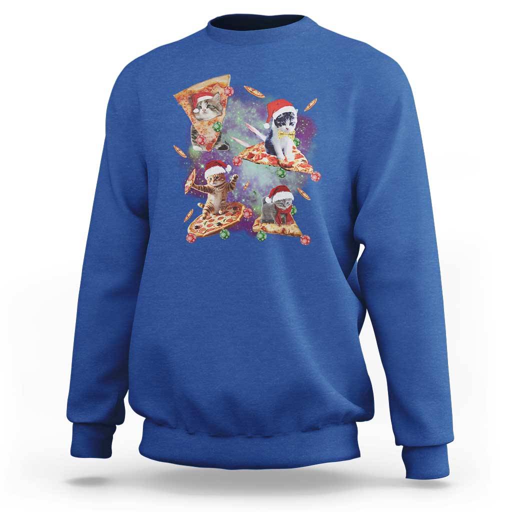 Royal blue Christmas cat sweatshirt with colorful Santa cat pizza graphic, crewneck long sleeve
