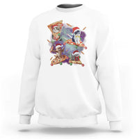 White Christmas cat sweatshirt with colorful Santa cat pizza graphic, crewneck long sleeve