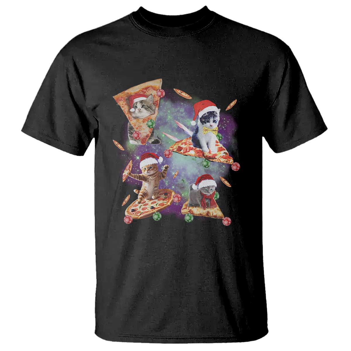 Black crew-neck T-shirt with colorful cat Santa pizza galaxy graphic front
