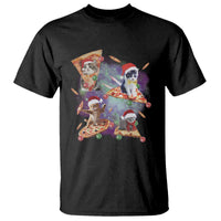 Black crew-neck T-shirt with colorful cat Santa pizza galaxy graphic front