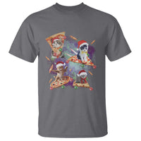 Charcoal crew-neck T-shirt with colorful cat Santa pizza galaxy graphic front