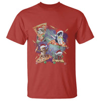 Red crew-neck T-shirt with colorful cat Santa pizza galaxy graphic front